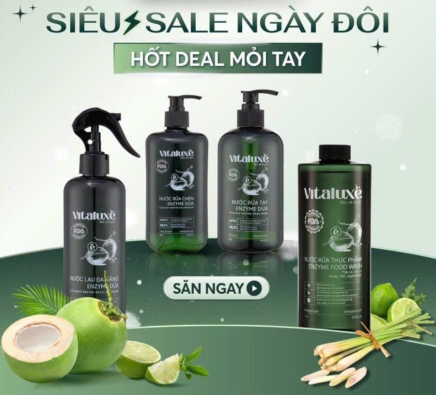 Combo Thiết yếu VITALUXE: nước rửa tay, rửa chén, rửa thực phẩm, lau đa năng Enzyme dừa