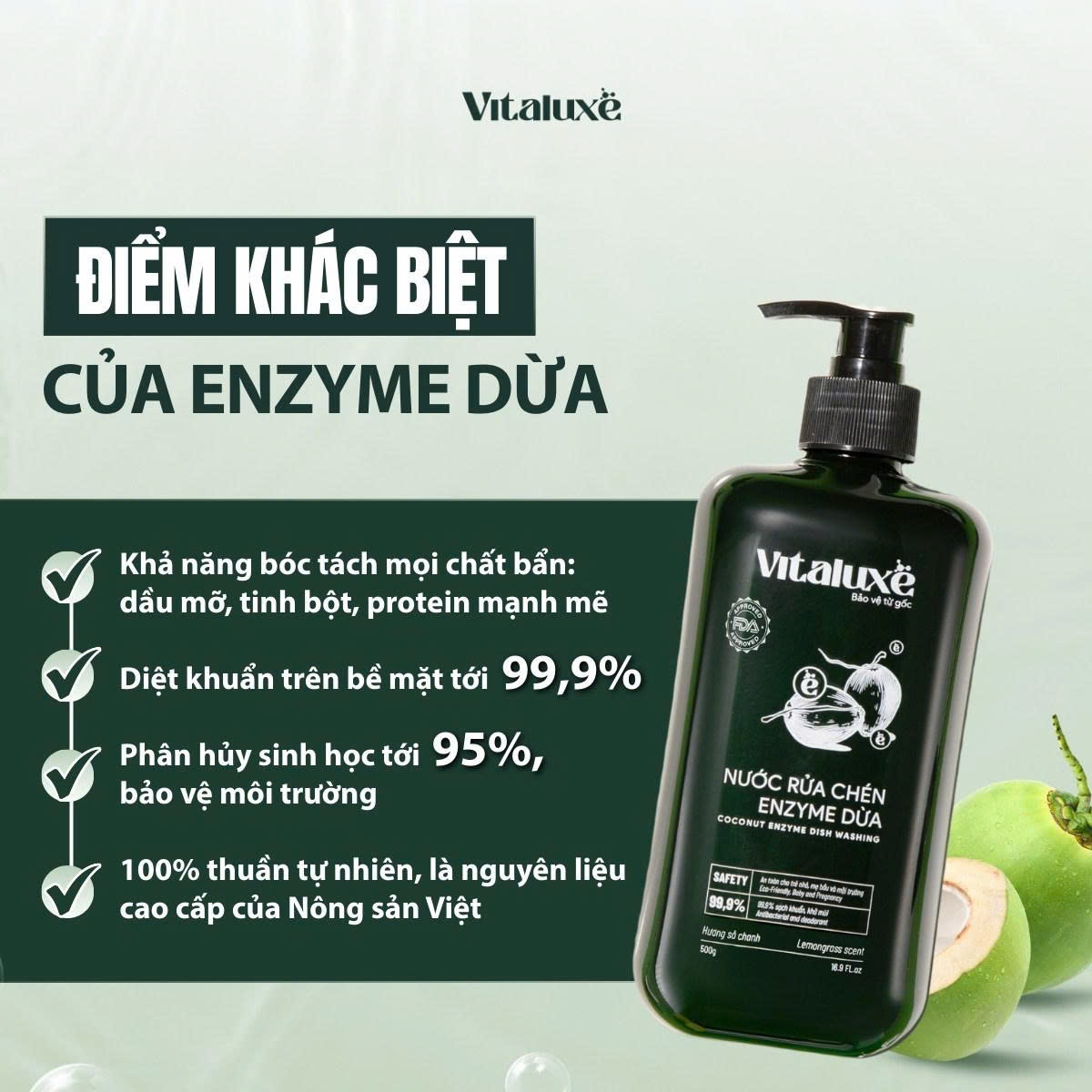 Nước rửa chén thiên nhiên enzyme dừa VITALUXE 500g sạch dầu mỡ, diệt khuẩn, an toàn không hại da tay