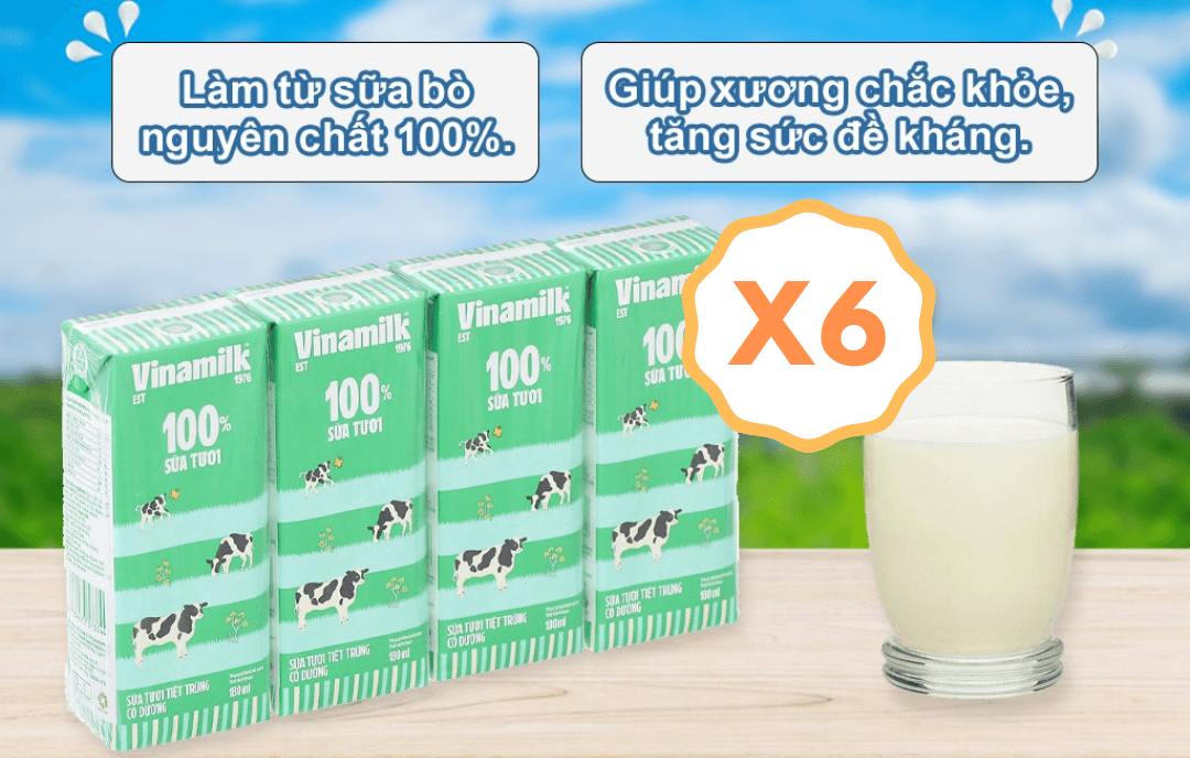 Combo 6 Lốc Sữa Tươi VINAMILK Có Đường 180ml