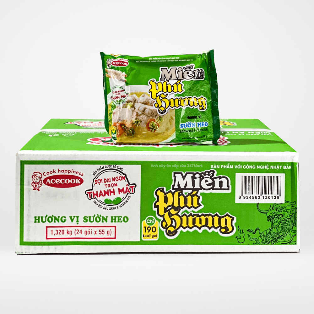 Thùng 24 Gói Miến Phú Hương 58g Gói Sợi Nhỏ Bổ Sung Vitamin B12 Nấu Nhanh 3 Phút Hương Sườn Heo