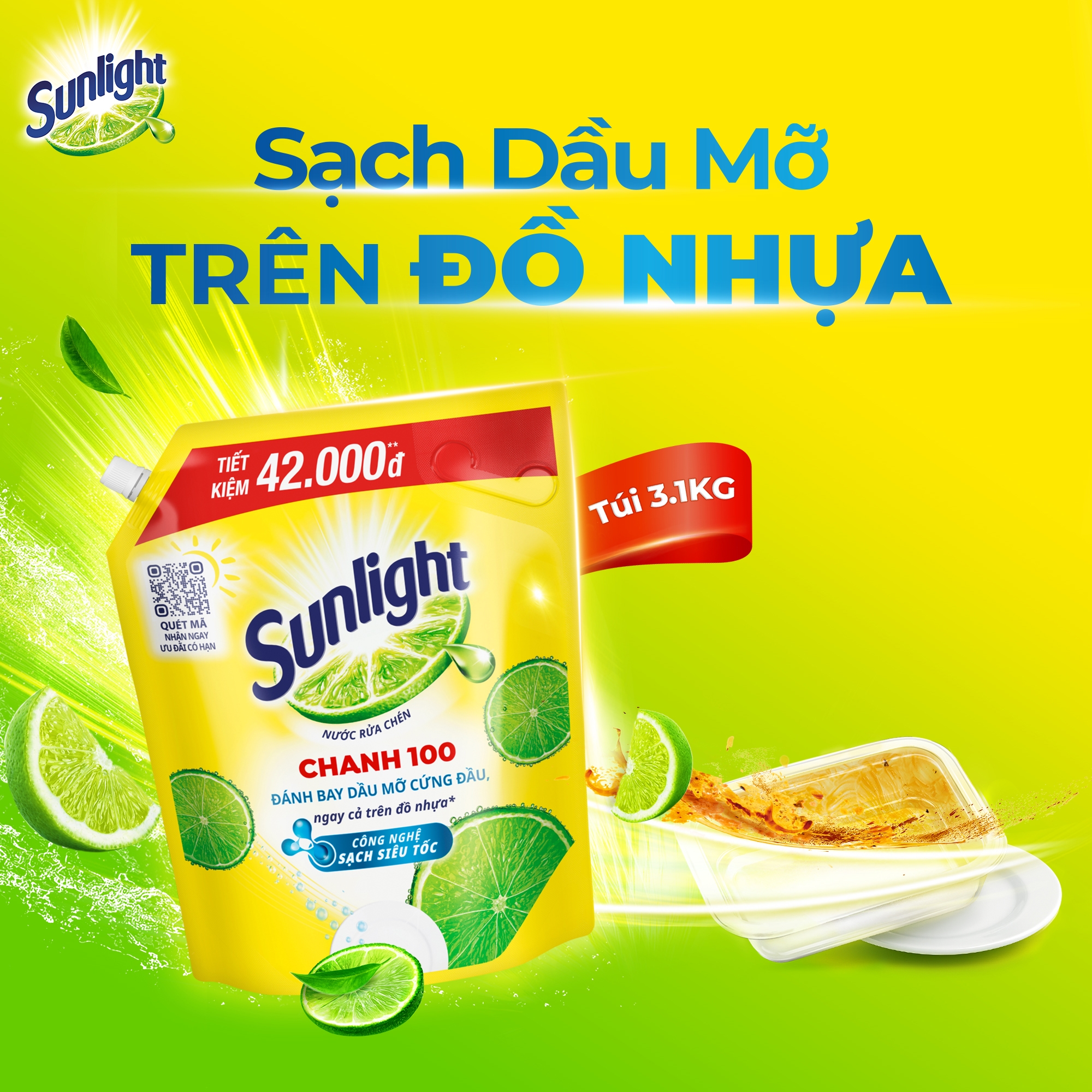 Nước Rửa Chén Bát Sunlight Chanh 100 | Sạch Dầu Mỡ Đồ Nhựa | Túi 3.5KG/3.1Kg