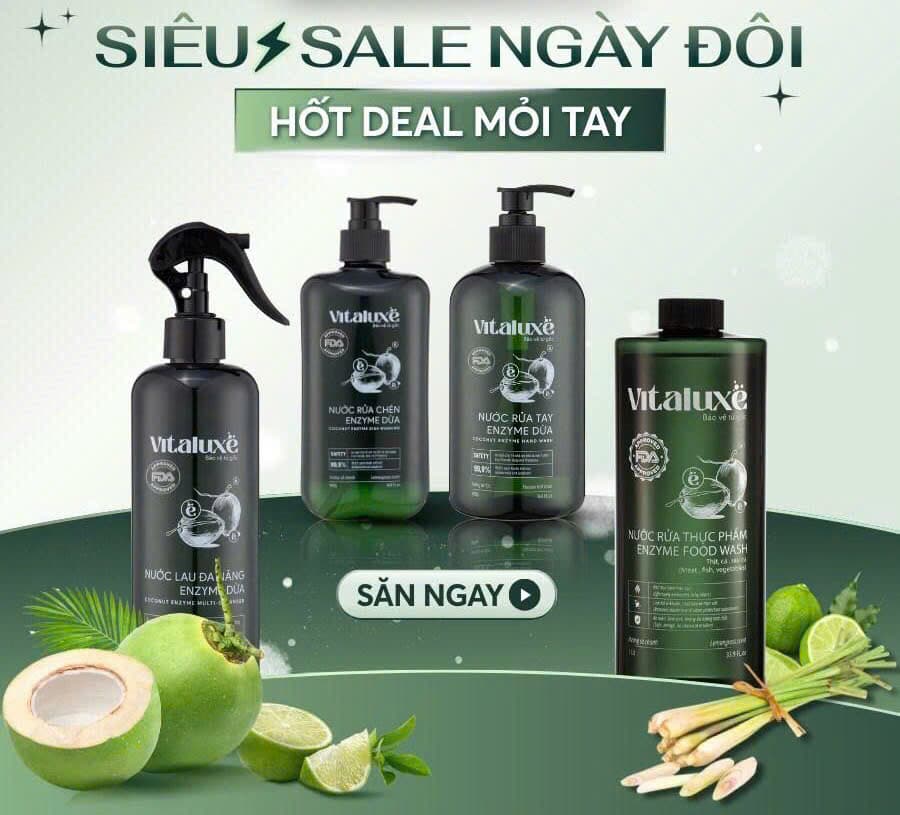 Combo Thiết yếu VITALUXE: nước rửa tay, rửa chén, rửa thực phẩm, lau đa năng Enzyme dừa