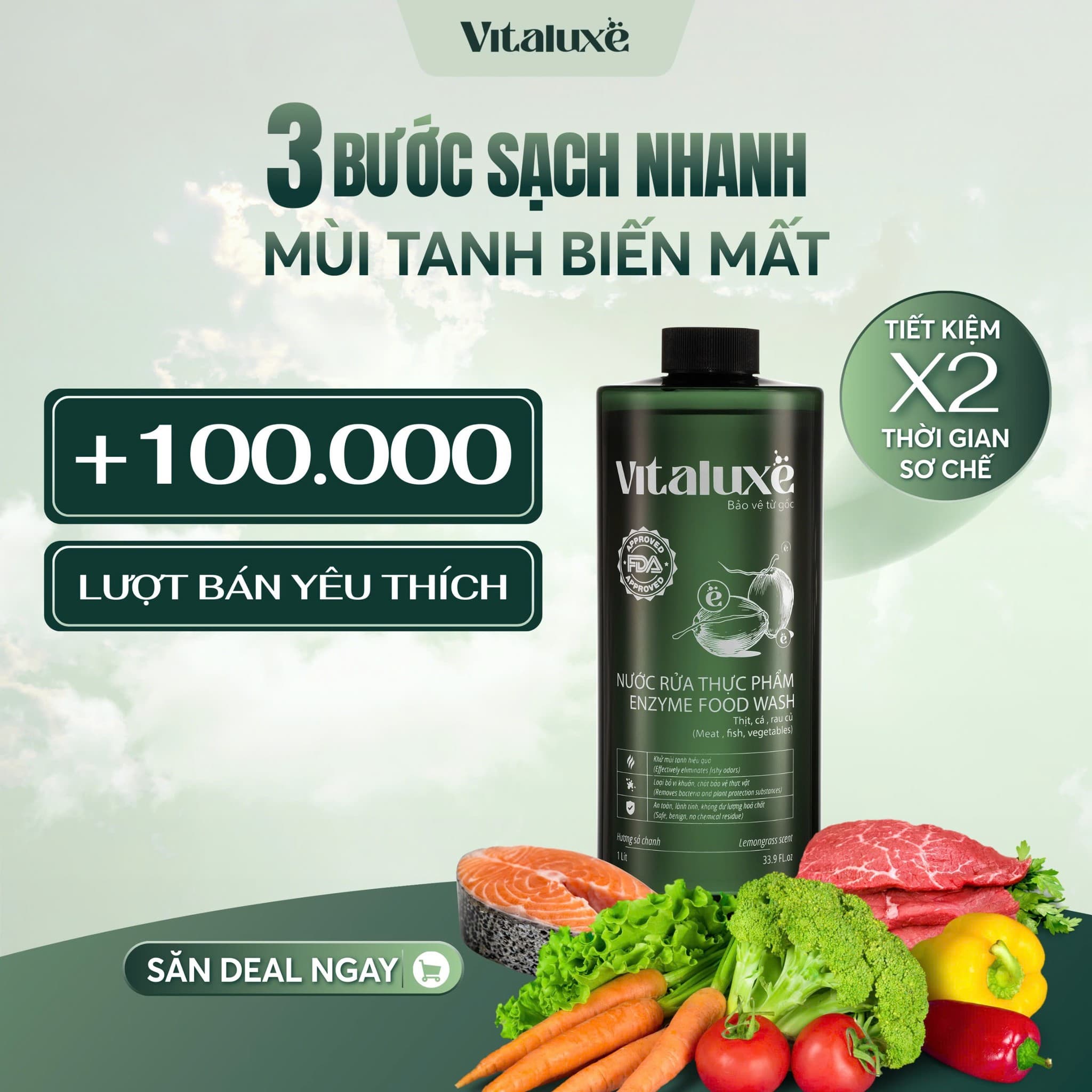 Nước rửa thực phẩm enzyme dừa VITALUXE 1 Lít làm sạch thực phẩm