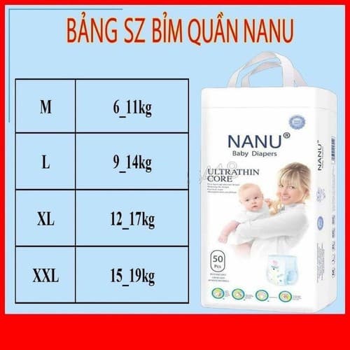 Bịch 50 miếng bỉm quần Nanu (Size M/ L/ XL/ XXL/ XXXL)