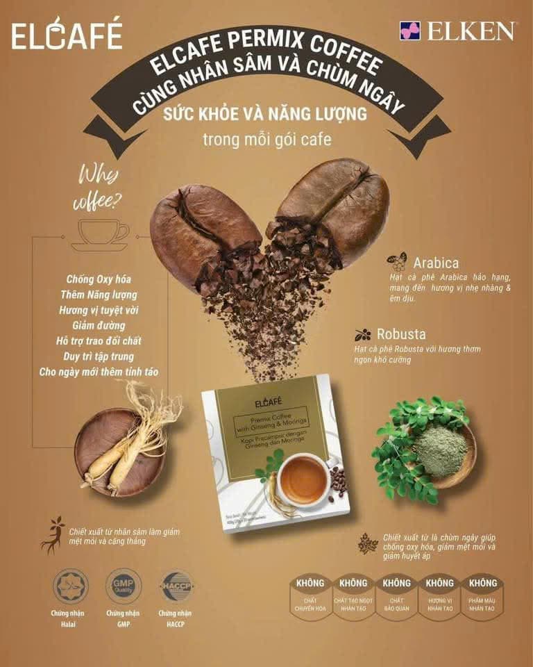 CAFE HÒA TAN-NHÂN SÂM & BẠCH QUẢ (ELKEN)-HÀNG NHẬP KHẨU- MALAYSIA-400GR/20 GÓI ảnh 2