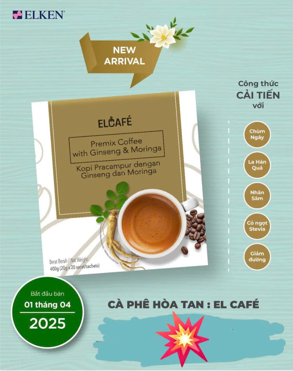 CAFE HÒA TAN-NHÂN SÂM & BẠCH QUẢ (ELKEN)-HÀNG NHẬP KHẨU- MALAYSIA-400GR/20 GÓI ảnh 4